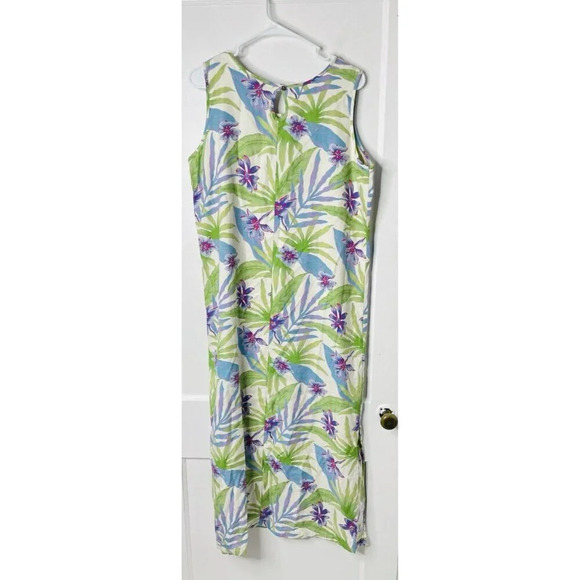 Vtg Reef Island Silk Dress L Hawaiian Floral Palm Straight Midi Side Slit Resort - Picture 2 of 13